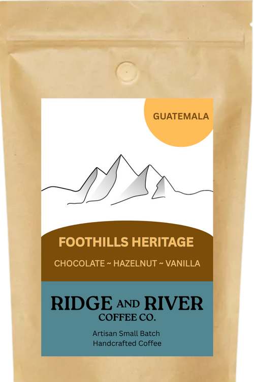 Guatamala freshly roasted coffee package with Ridge and River Coffee Co package