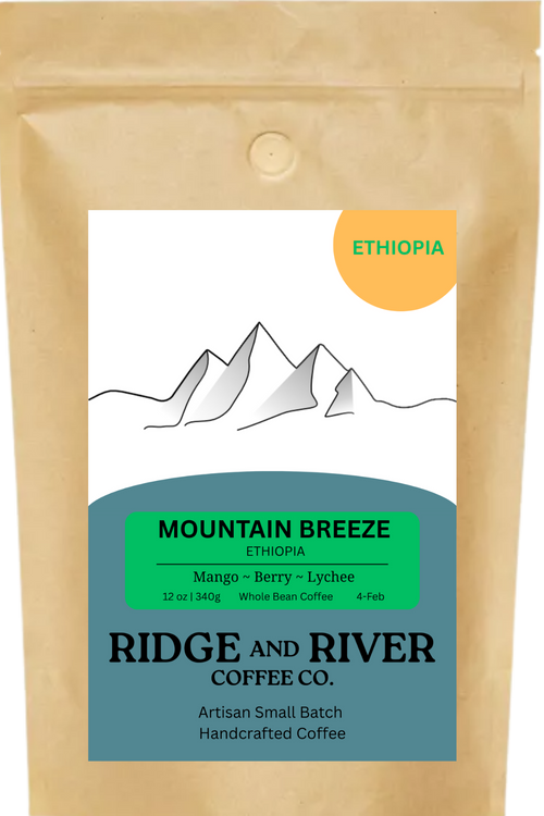 freshly roasted Ethiopia coffee beans in Ridge and River Coffee Co. branded packaging