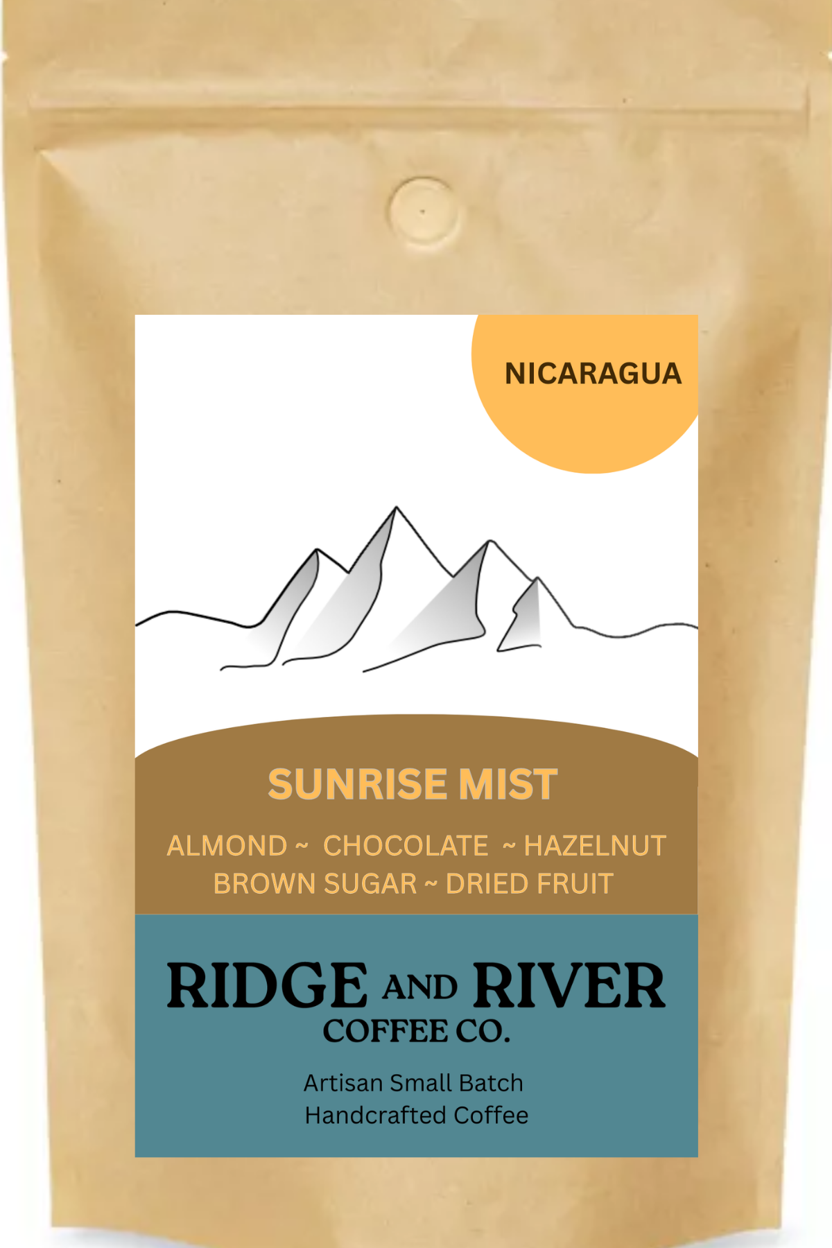 Freshly roasted Nicaragua coffee beans in Ridge and River Coffee Co branded package